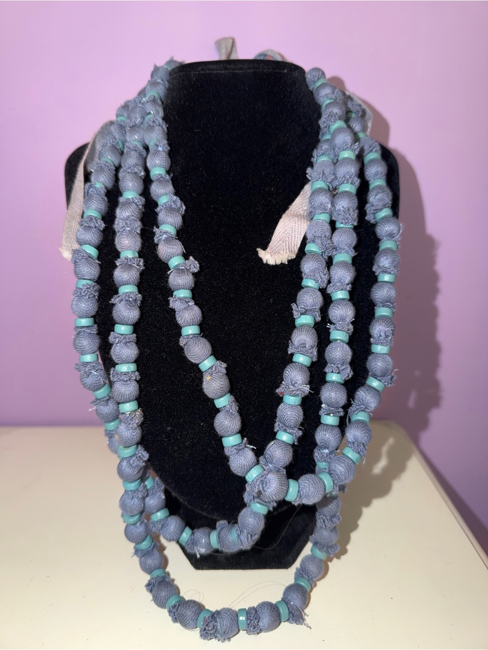 Handmade Gray Fabric Bead Statement Necklace Multi Strand Boho Adjustable Tie